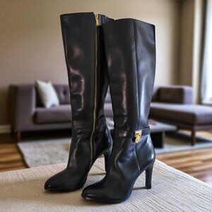 Michael Kors Black Leather Knee-High Boots Gold Hardware ‎ Size 7.5M
